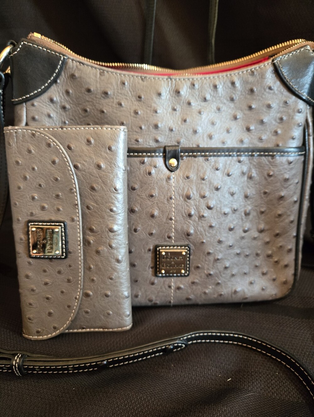 Dooney & Bourke Dark Gray Ostrich Embossed Crossbody Bag with Matching Wallet